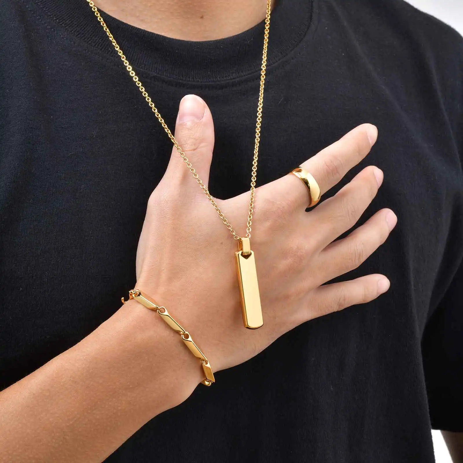 

Vnox 3pcs/Set Necklace Ring Bracelet Set for Men Boys, Trendy Silver Black Gold Color Stainless Steel Waterproof Jewelry Set New