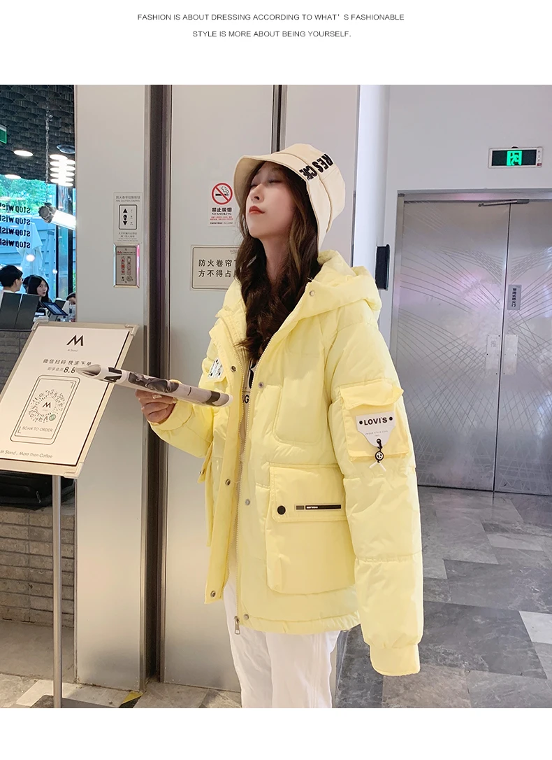 2022 Winter Down Cotton Jackets Women\'s Clothes Short Parkas Slim Hooded Warm Winter Coats Female Yellow Outerwear fp297