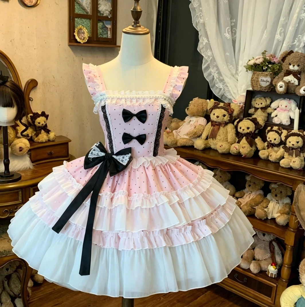 Summer Princess Gothic Lolita Dress Women 2026 Sleeveless Lace Frill Mesh Bow Sweet Cosplay Birthday Holiday Outfit