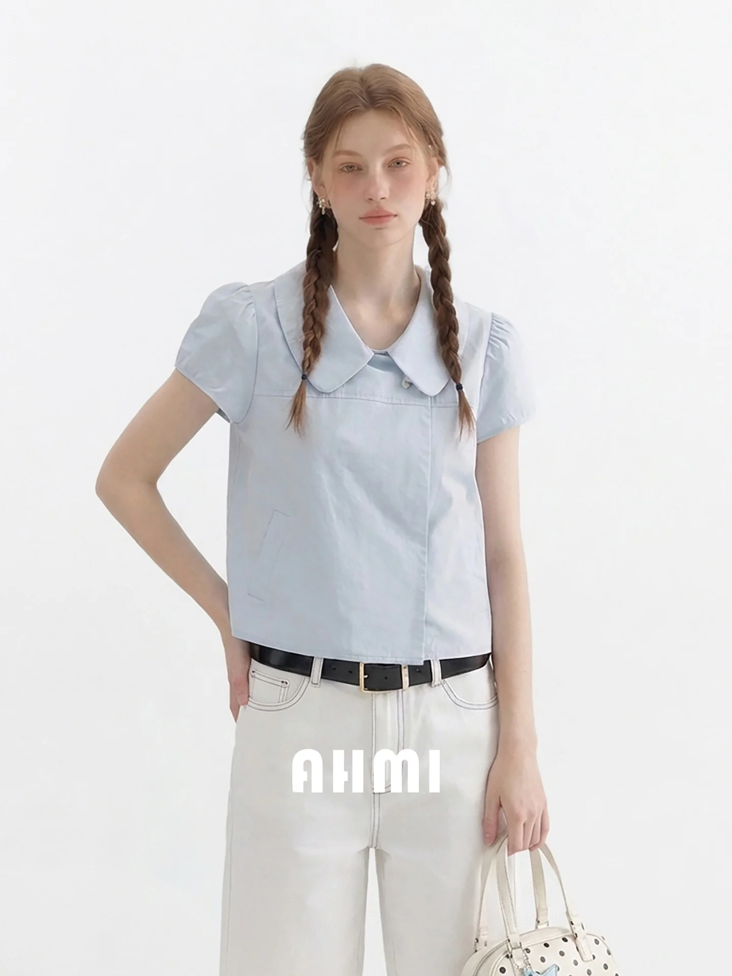 

AHMI Blue Doll Collar Short Sleeve Shirt Women's Summer New Style Side Button Design Breathable Cotton Nylon Blend Casual Top
