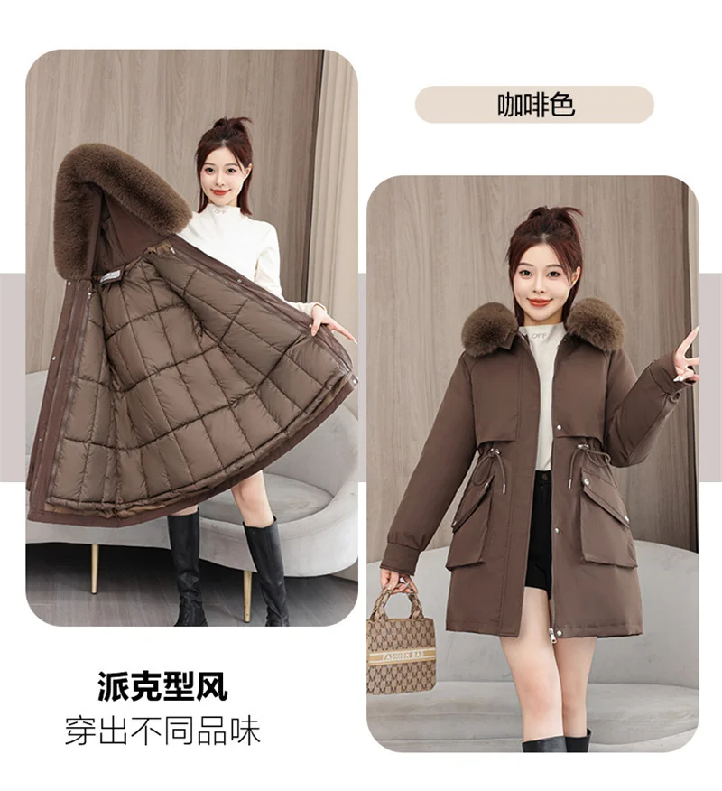 2026 New Winter Coat Down Padded Jacket Women Parkas Fur Collar Thick Hooded Cotton Coats Black Casual Outerwear Female Clothes