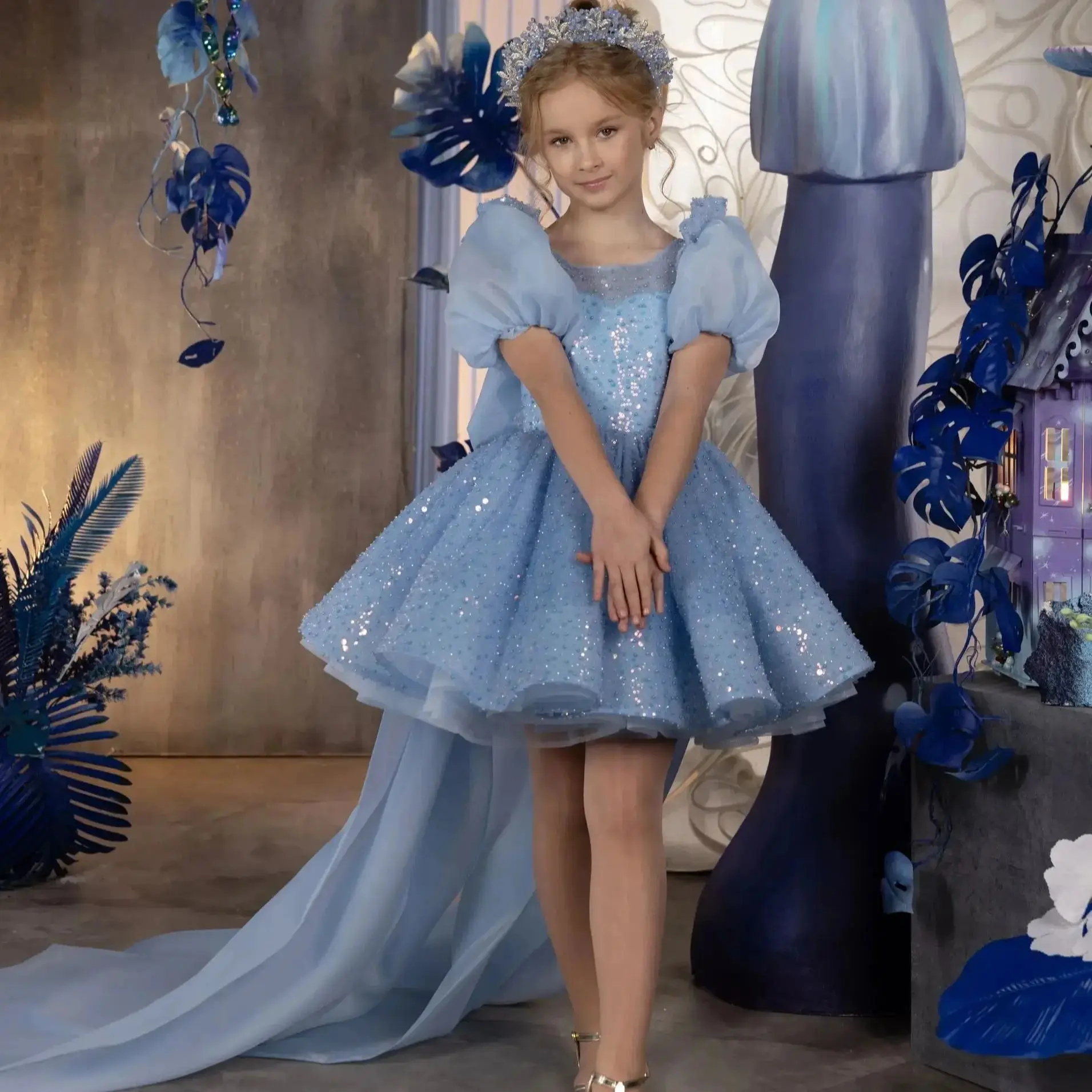 

Shiny Blue Flower Girl Dress For Wedding Puffy Skirt Tulle Sequins Pageant Kids Birthday Dress with Big Bow Ball Gown