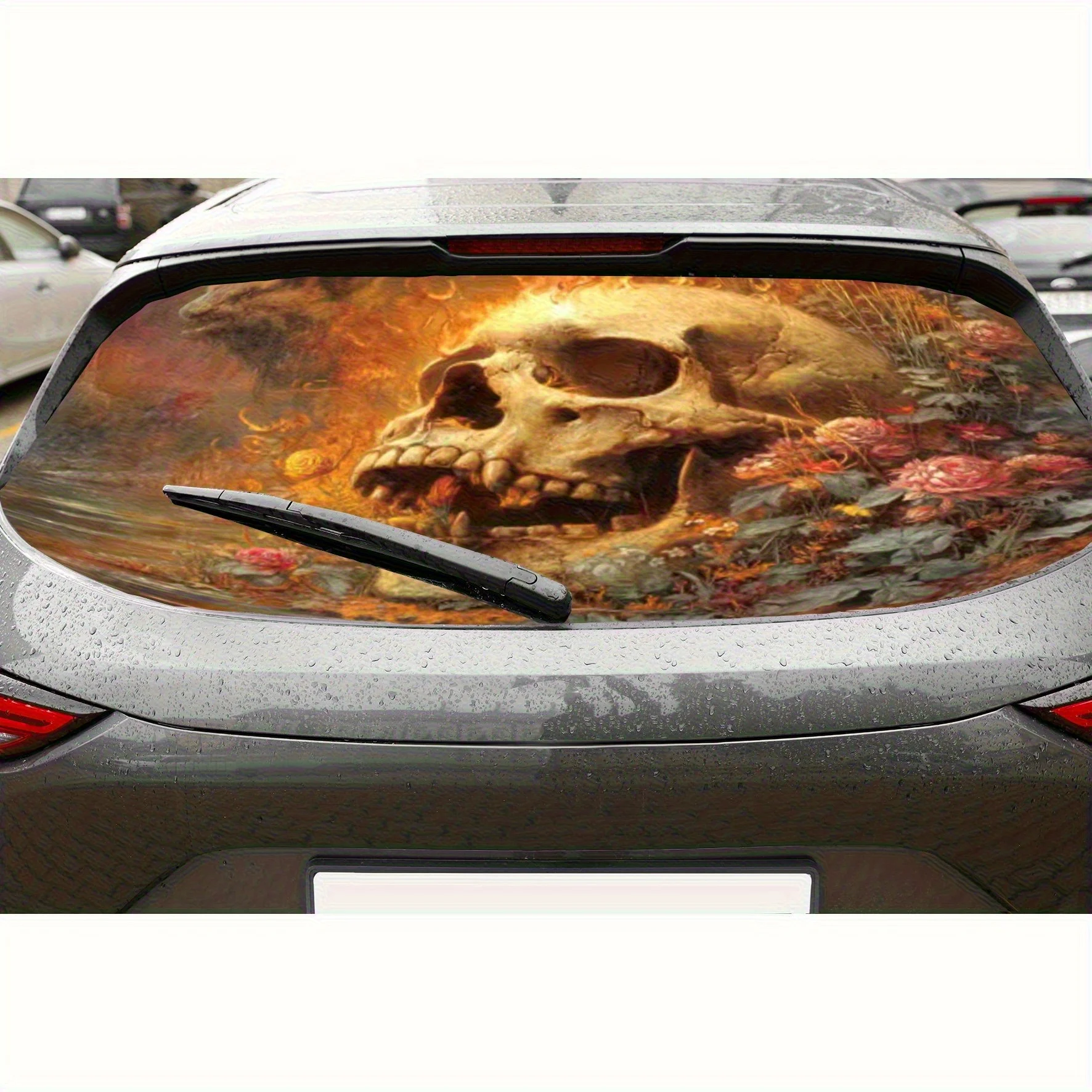 

Yellow skull and rose PVC material self-adhesive waterproof car rear window sticker, easy to paste without falling off, waterpro