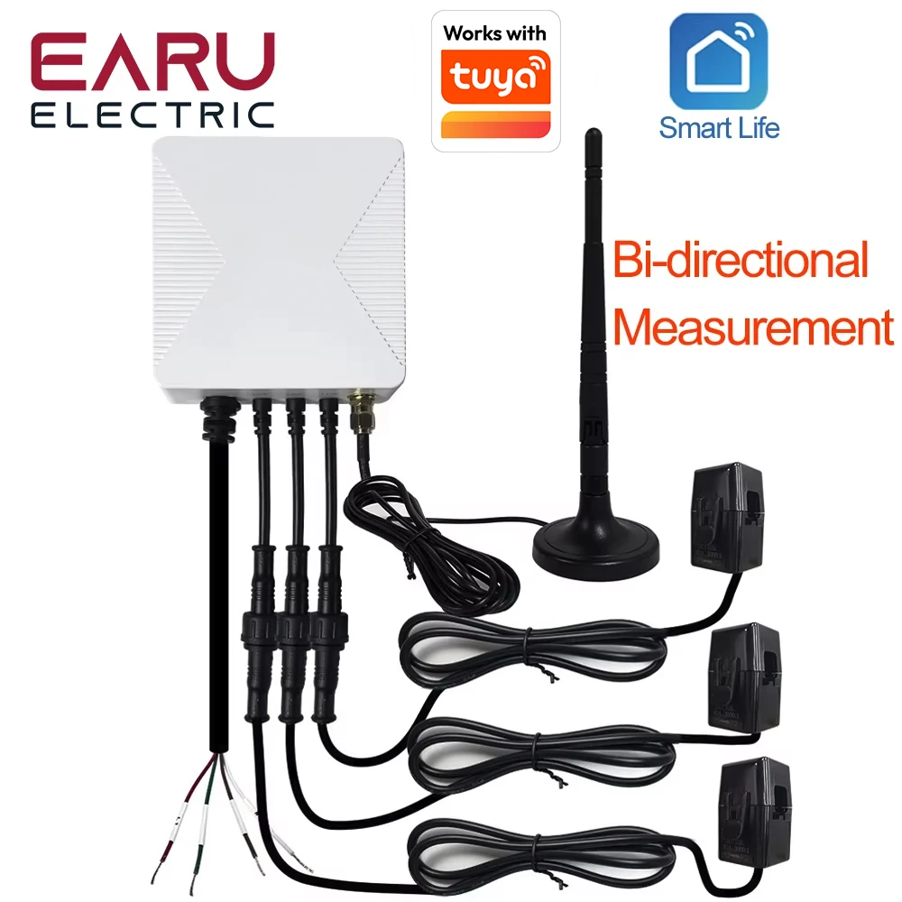 EARU Single Three Phase Tuya WiFi Smart Bidirectional Monitor Current Voltage kWh PV Solar Power Energy Meter 3 CT Clamps