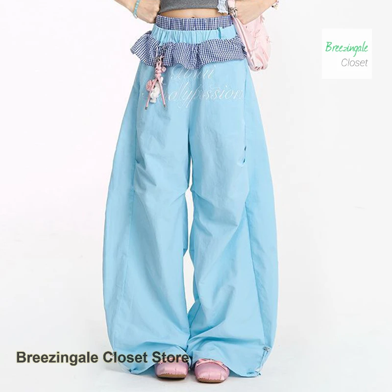 Korean dopamine wearing sweet lace stitching casual pants women's summer new fashion design plus size loose hip-hop slim pants.
