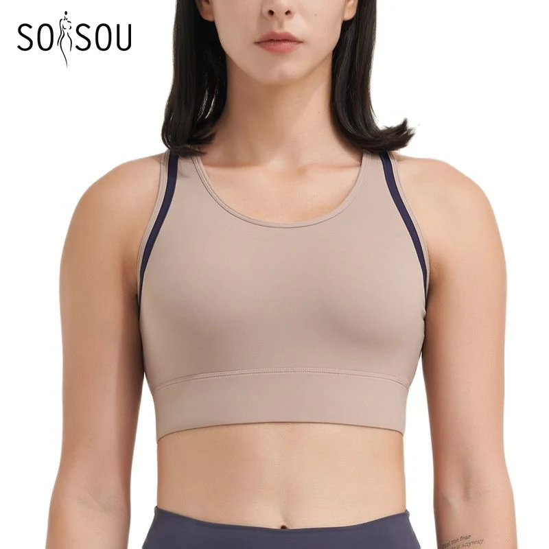 SOISOU Nylon Top Women Bra Gym Yoga Crop Tops Women Tight Elastic Breathable Fixed Chest Pad Sports Bra Tops Bicolor 6 Colors