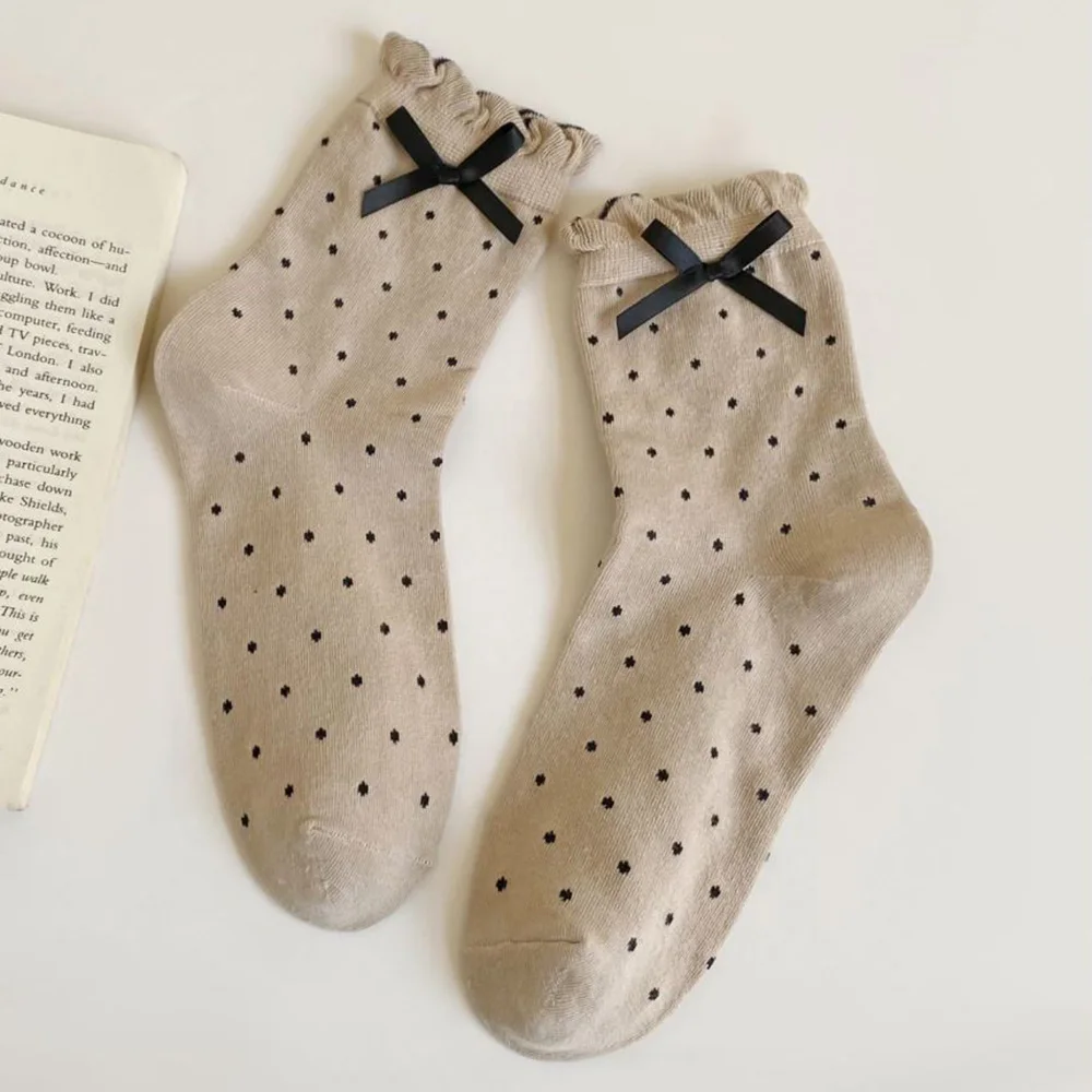 Kawaii Dot Home Office Lolita Socks Women Fashion Bow Long Socks Cute Sweet Autumn Winter Streetwear Femme Sokken Middle Tube