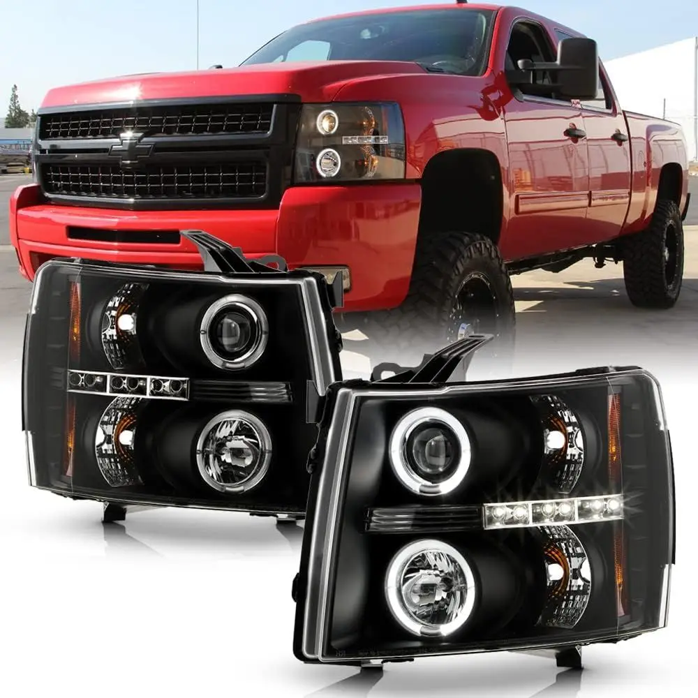 

Для Chevrolet Silverado 1500 2500 3500 2007-2013 годов выпуска, черные светодиодные фары-проекторы с эффектом Halo, комплект левая+правая