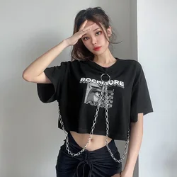 女性のためのヒップホップデザインの黒のトップス,チェーン付きのだぶだぶの女性のTシャツ,女性のストリートウェア,半袖Tシャツ,トリミングされたダンストップ