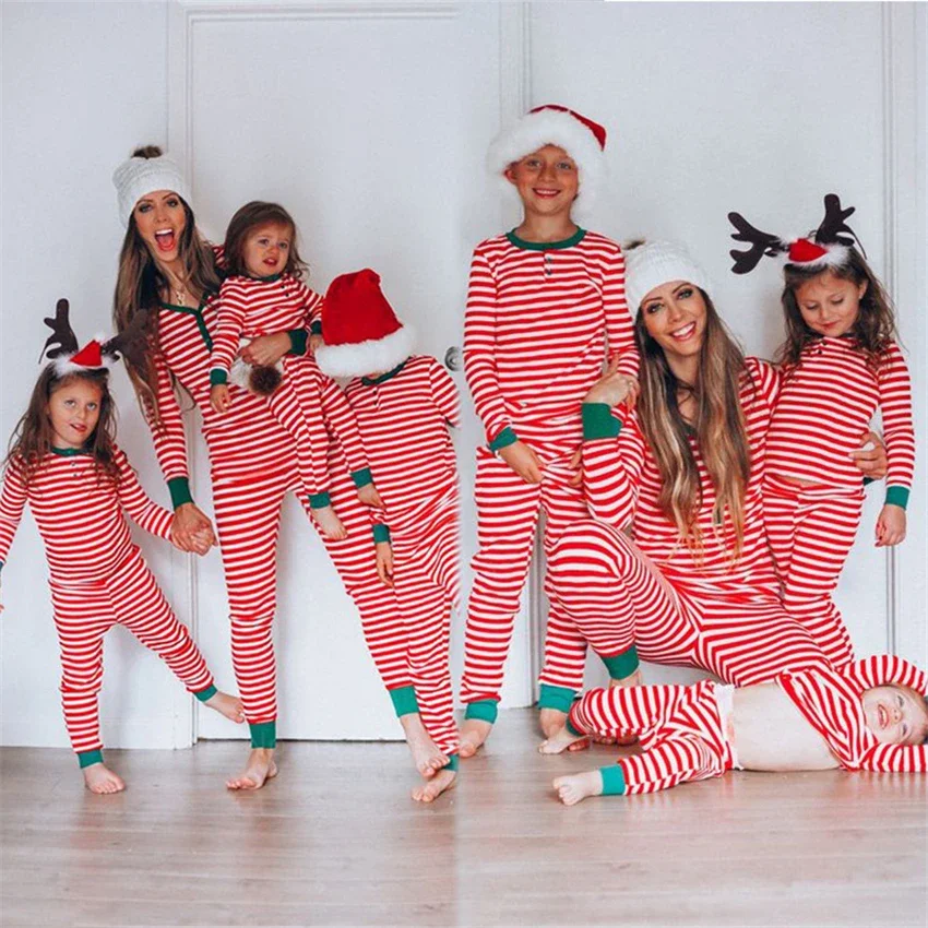 Christmas Family Matching Outfits for Adult Kids Baby Xmas Mommy and Me Party Pajamas Set Fashion Striped Print Couple Clothes