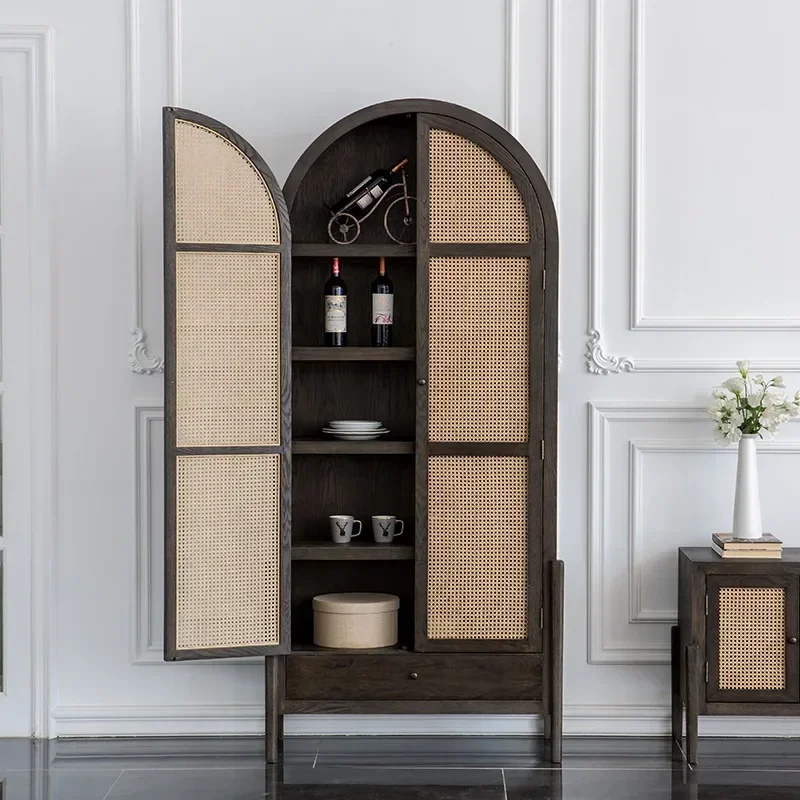 

Nordic Retro Wardrobe Ash Wood B & B Double Door Multi-functional Arched Cabinet Old Black Rattan Storage Locker