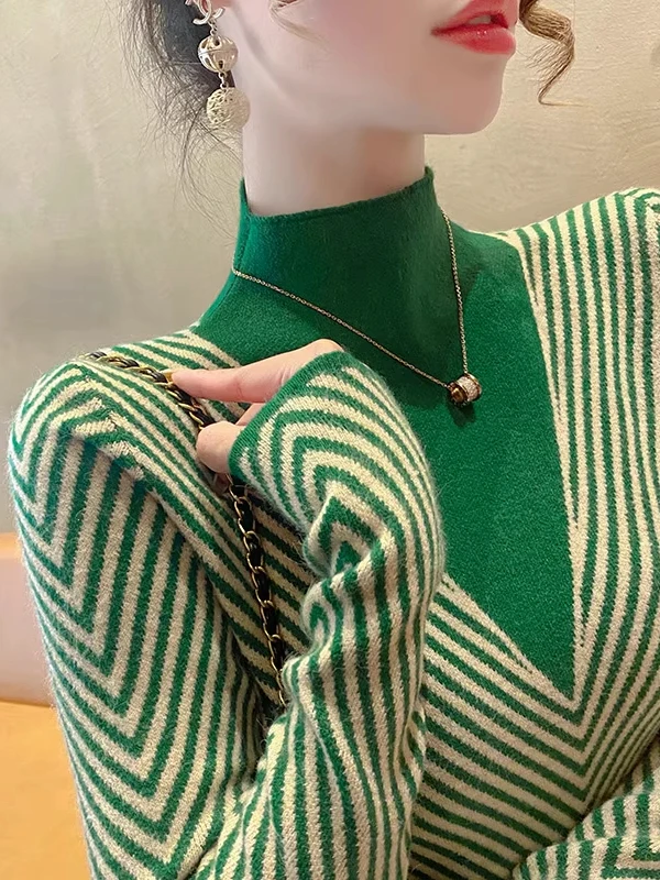 

Женский модный вязаный свитер в полоску с высоким воротом, повседневный, с длинным рукавом, стандартный крой, топ для женщин