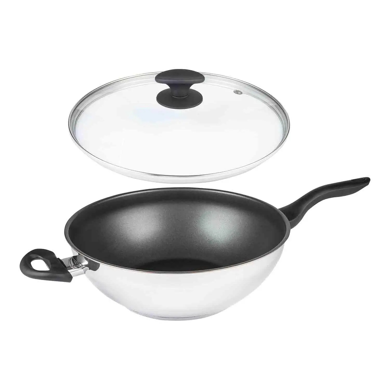 SArtén Wok de acero inoxidable 32 cm 5 L con Mango largo y asa. Tapa de cristal . Apta para todas las cocinas incluida inducción.