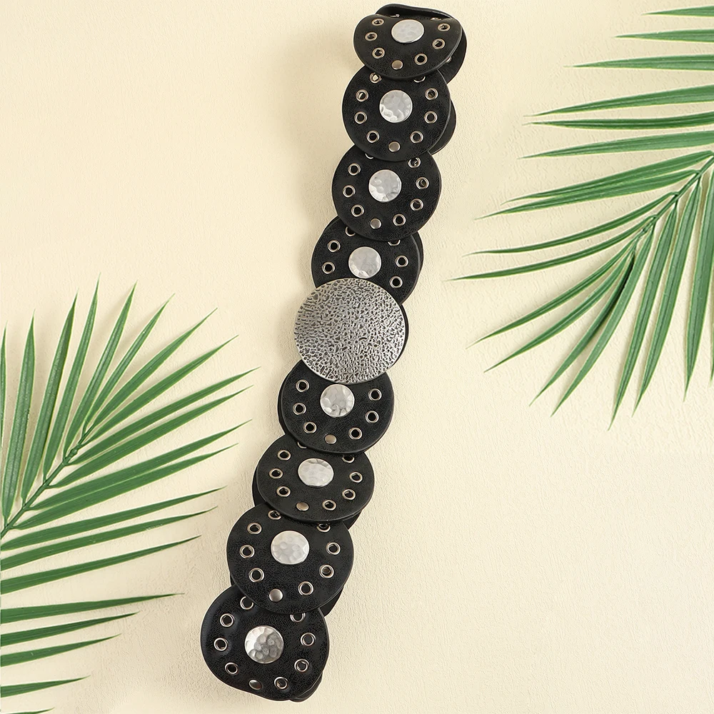 Retro Punk Exagerado Cinto PU para Senhoras, Decorado com Wafer, Splicing, Personalidade, Moda