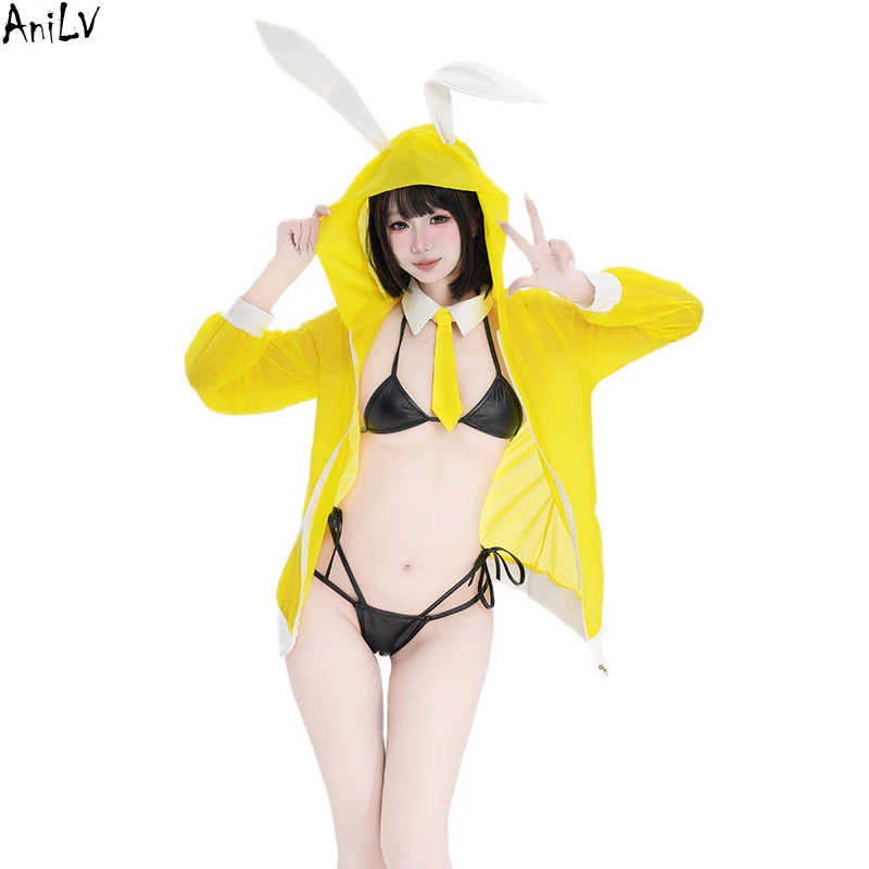 

AniLV Anime Rabbit Cafe House Maid Uniform Bikini Outfit Cosplay Women Bunny Underwear Set Temperament Lingerie Erotic Costumes