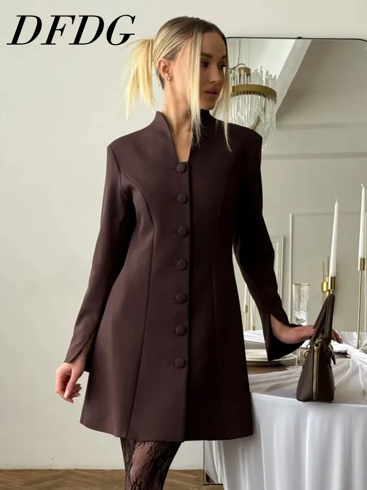 

DFDG Women's Spring Summer Mandarin Collar Single Breasted Midi Length Blazer Formal Office 2026 Trendy Feminine Fashion Coat