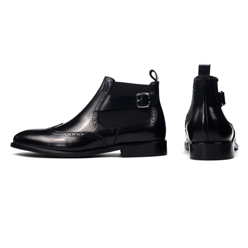 Autumn and winter leather carved square heel heightening formal elastic sleeve men's boots large size small size flat men's shoe