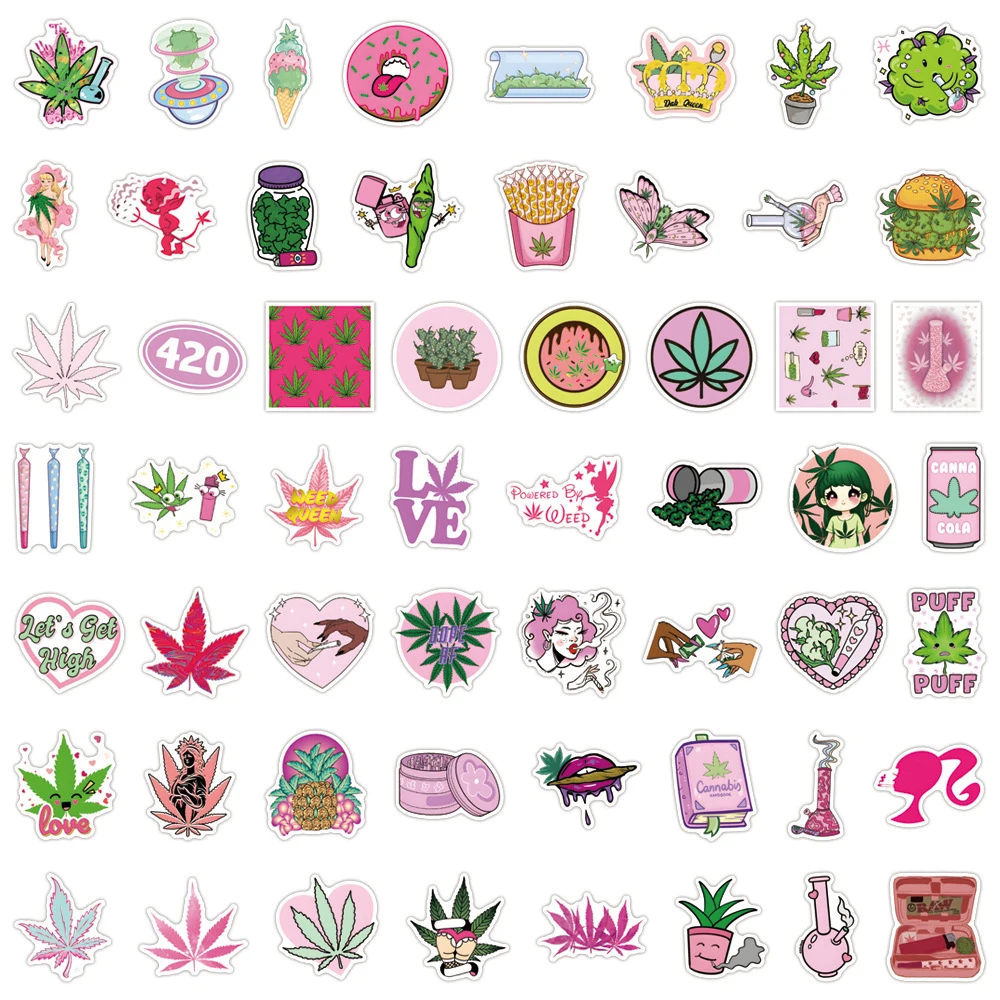 10/30/55/110pcs Divertenti Foglie di Canapa Erbaccia Fumatori Adesivi Cartoon Rosa Graffiti Decorazione Decalcomanie per Bottiglia d'acqua Telefono Notebook