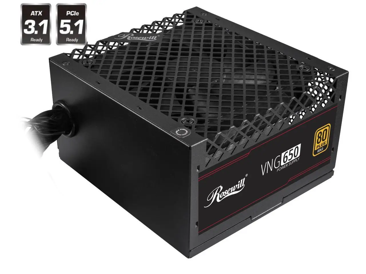 Rosewill VNG 650W 80+ Gold Certified, ATX 3.0 & 3.1 Compatible, Non-Modular, Low-Noise Power Supply, 450W PCIe 5.1 12V-2x6 Connector, High Quality Electrolytic Capacitor - 5 Year Warranty - VNG650