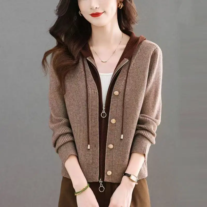 

2026Новый короткий свитер с капюшоном, пальто, женский осенне-зимний корейский трикотаж, кардиган, искусственная двухсекционная куртка с вышивкой, женский повседневный топ