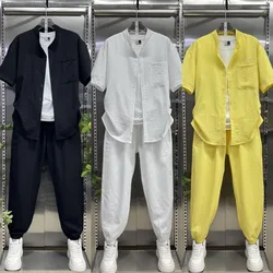 2026 Early Spring/Summer Fashion Two-Piece Versatile Men's New Short Sleeve Trousers Solid Cotton Linen Shirt Casual Suit