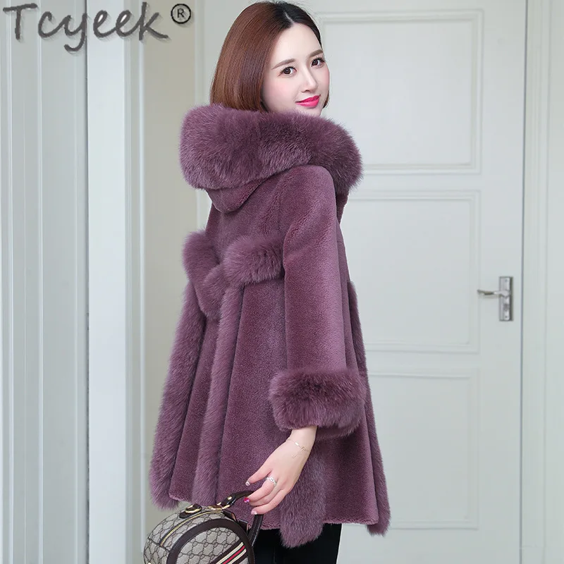 Tcyeek casacos de shearling de ovelha de comprimento médio, casaco de lã real, roupas femininas, gola de pele de raposa quente, jaqueta de pele feminina de inverno