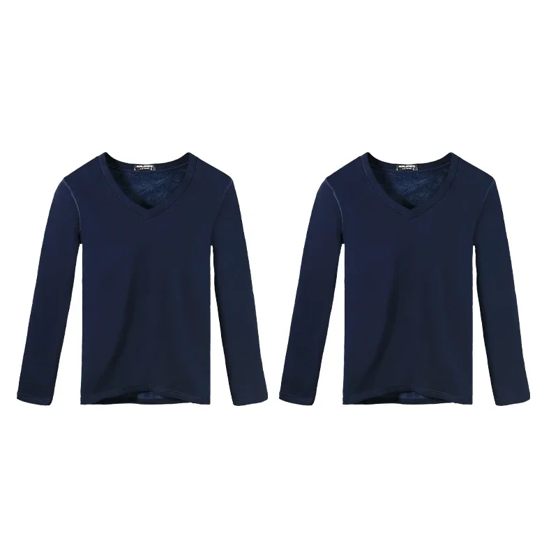 2PCS Men's V-neck Fleece Lined Thermal Top, Thick Warm Slim Fit Base Layer Cotton Undershirt