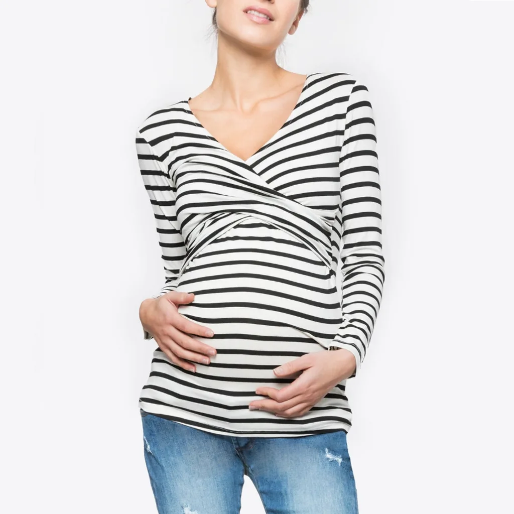 New Women\'s Striped Maternity Long Sleeve Solid Color Nursing Top T Shirt V Neck Fashion Casual Maternity Breastfeeding Top