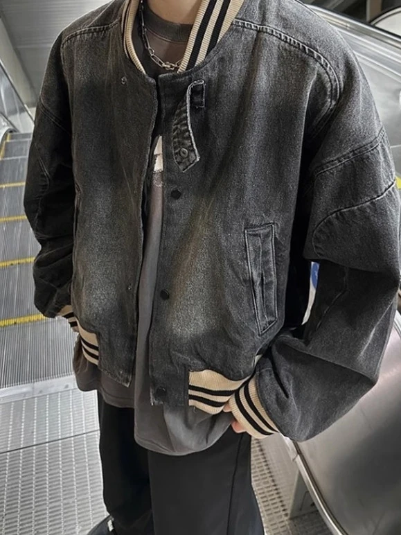 

Мужская джинсовая куртка-бомбер в стиле ретро, с эффектом состаривания, свободного кроя, осенняя, трендовая, брендовая