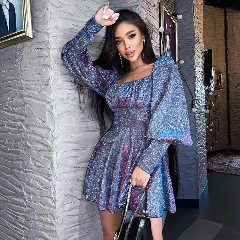 

Retro and Elegant Winter Bright Silk Square Neck Pleated Puff Sleeve Dress Temperament Waist Wrapped Chest Short Dress Female