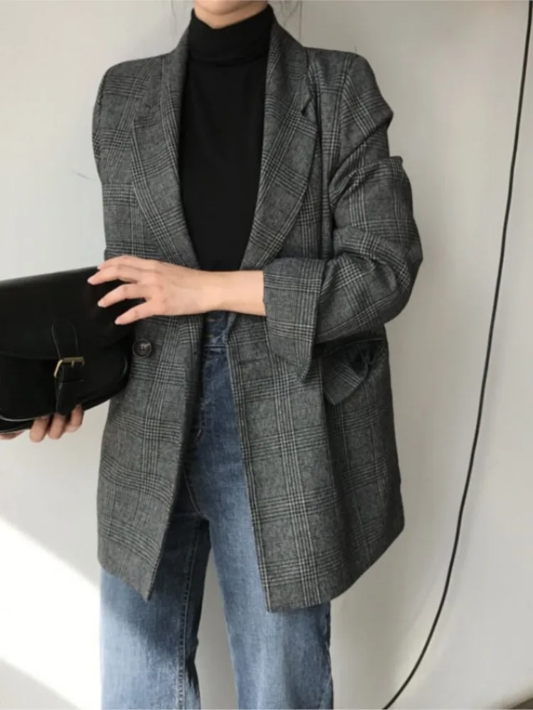 Blazer à carreaux pour femmes, veste coréenne à manches longues, double boutonnage, tenue de bureau décontractée, printemps automne