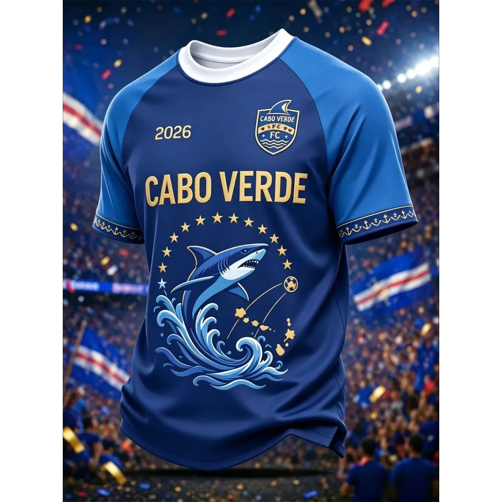 Cabo Verde Summer Shark Wave Print Soccer Jersey Men Short Sleeve Crew Neck Quick Dry T-Shirt Fan Athletic Casual Training
