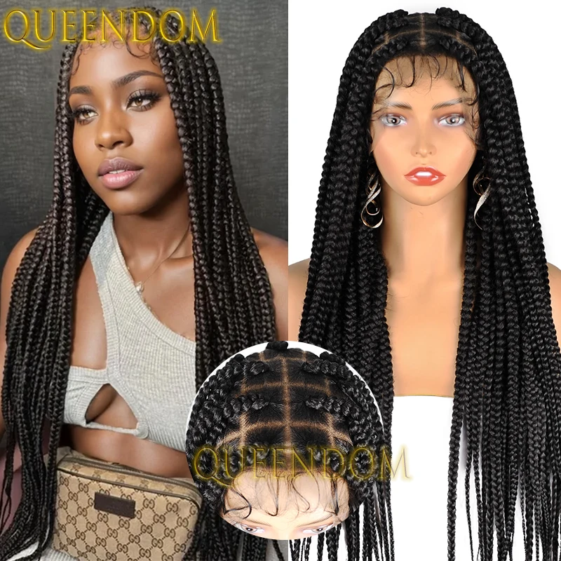 Synthetic Full Lace Box Braids Wig Knotless 36 Inch Long Cornrow Plaits Braided Wig Crochet Handmade Jumbo Square Part Braid Wig