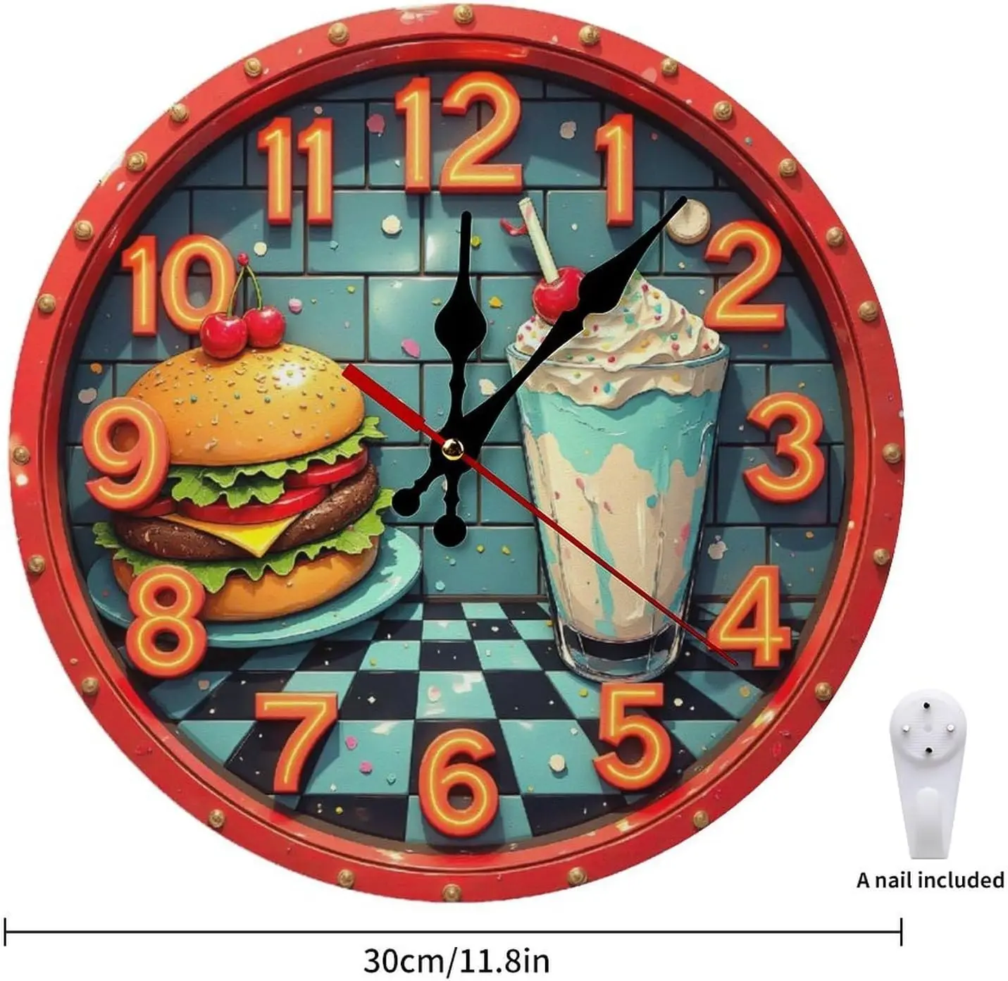 Retro Diner Clock Wall Decor Burger Milkshake Art 2D 12 Inch Silent Wall Clock Battery Operated, Frameless Wooden Round Clock