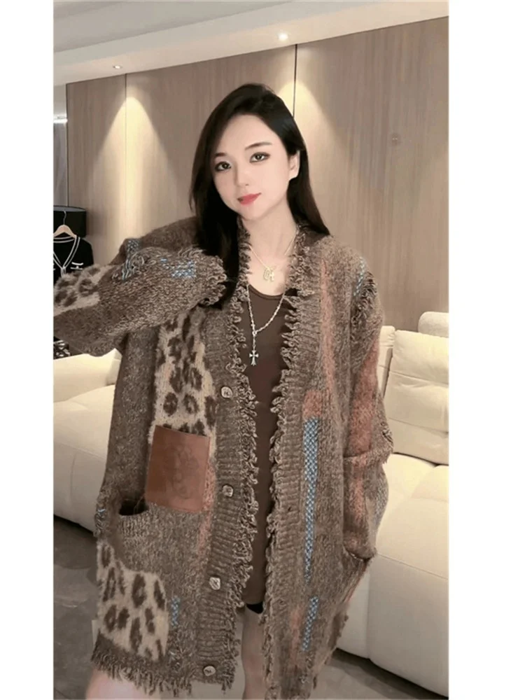 

Laid-ba Leopard Print Knitwear Jaet Women's Spring New Sle Meral Knitted Open Cardigan Unique Slimming Top Trendy