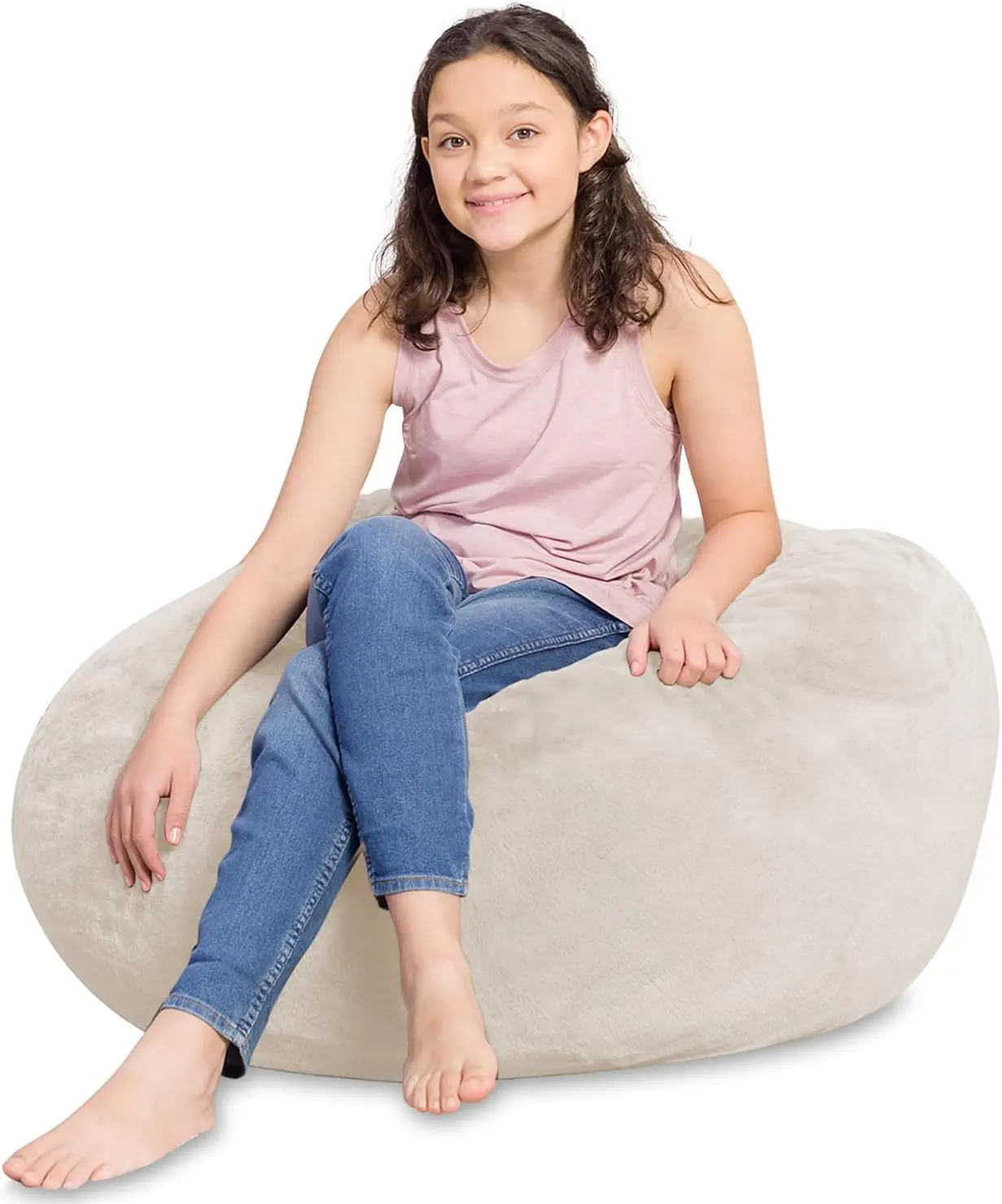

Large Soft Faux Rabbit Fur Bean Bag Chair for Kids Teens Adults with Removable Washable Cover Cream 38in
