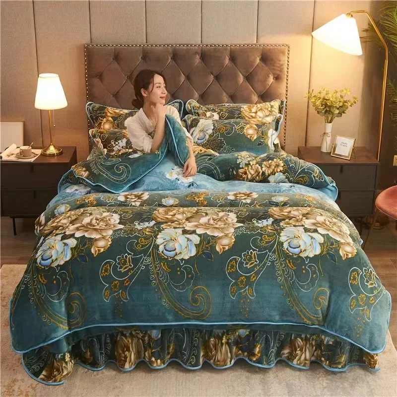

4pcs Set Winter Warm Thicken Short Plush Bedding Set Printing Flannel Duvet Cover Flat Sheet Pillowcase King Queen Bedding Set