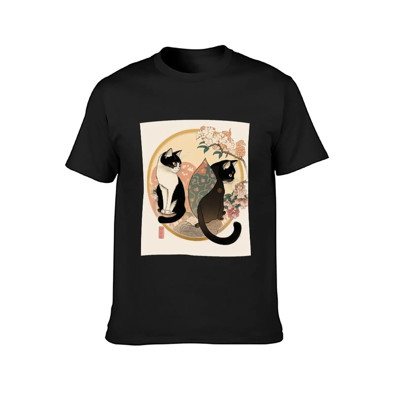 Camiseta de gatos ukiyo-e masculina, blusa preta em branco para menino, verão