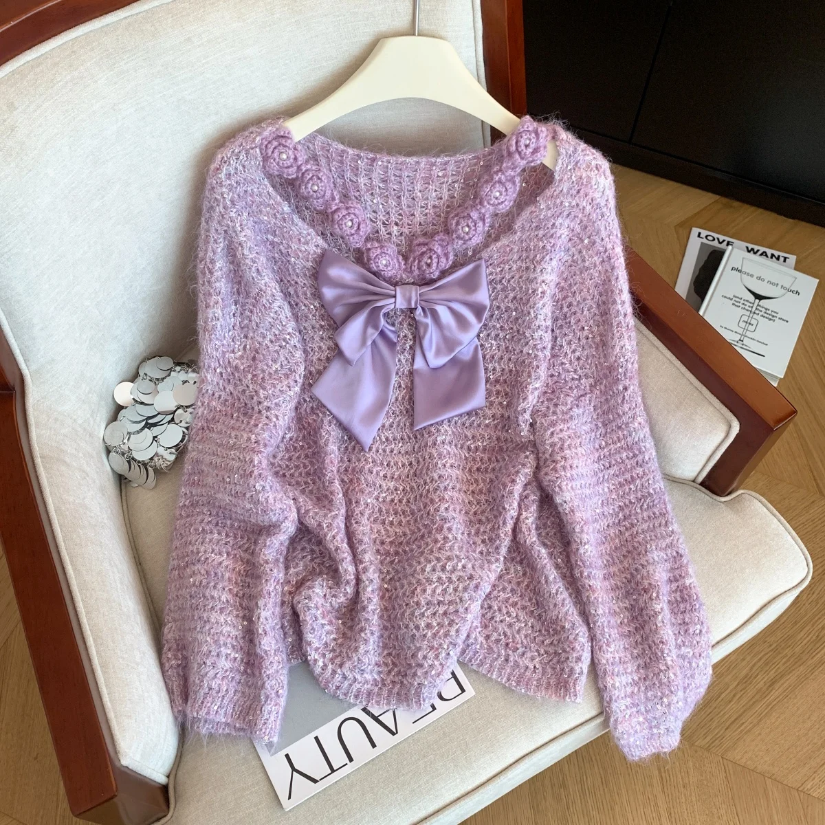 여성용 퍼플 3D 플로럴 점퍼 풀오버 스웨터 빈티지 2000년대 Y2K 감성 니트웨어 긴 소매 브이넥 리본 스웨터 가을 2025