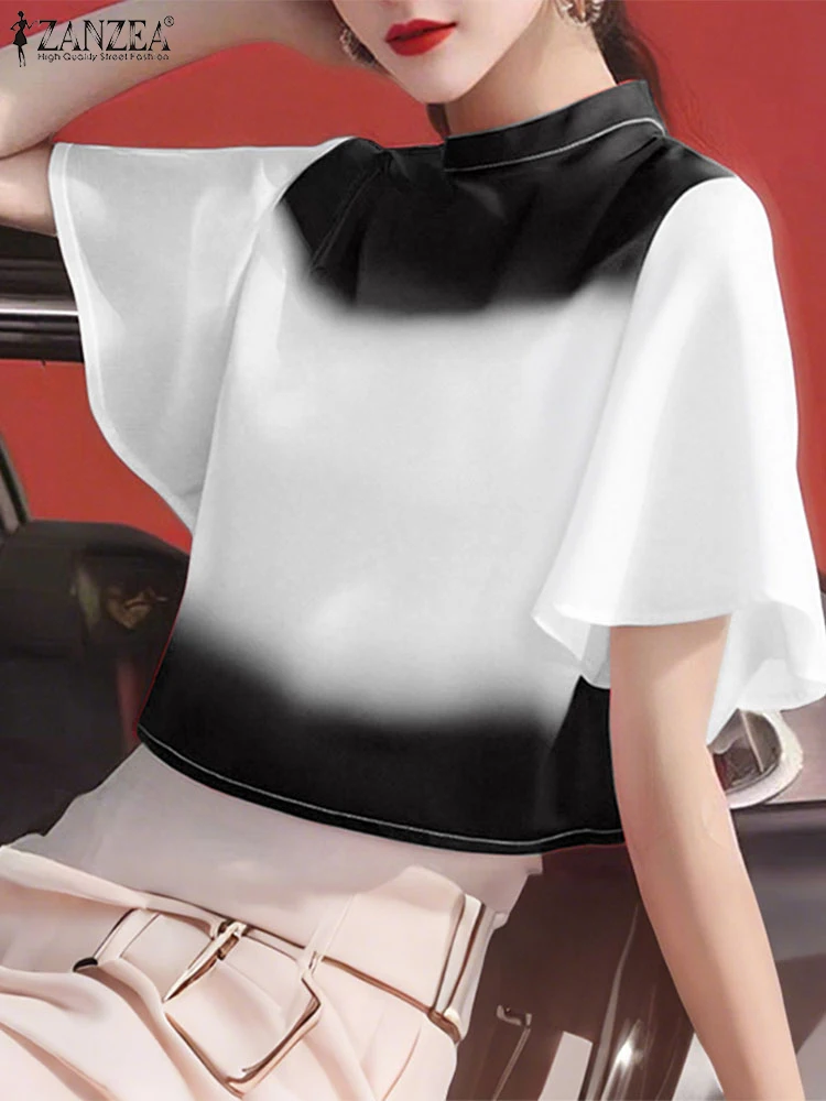 ZANZEA Casual Lose Bluse Frauen Farbe Patchwork Tunika O Neck Tops 2025, Sommer Mode Einfarbig Kurzarm Blusas Übergroßen