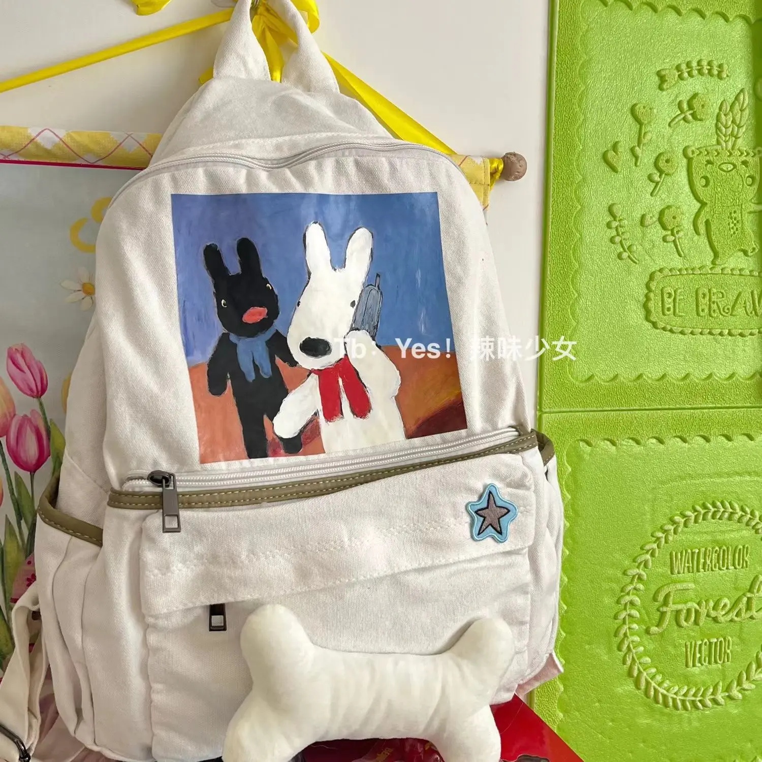 

Korean Simple Preppy High School Student SchoolBag 2023 New Bone Patchwork Cartoon Rabbit Printed Aesthetic Girl Canvas Backpack