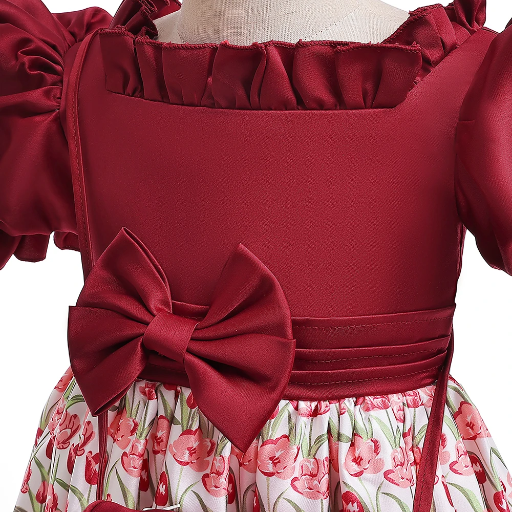 Summer Girls Dress With Bag Elegant Kid Floral Print Princess Party Dresses For Girl Children Costume Birthday Wedding Prom Gown