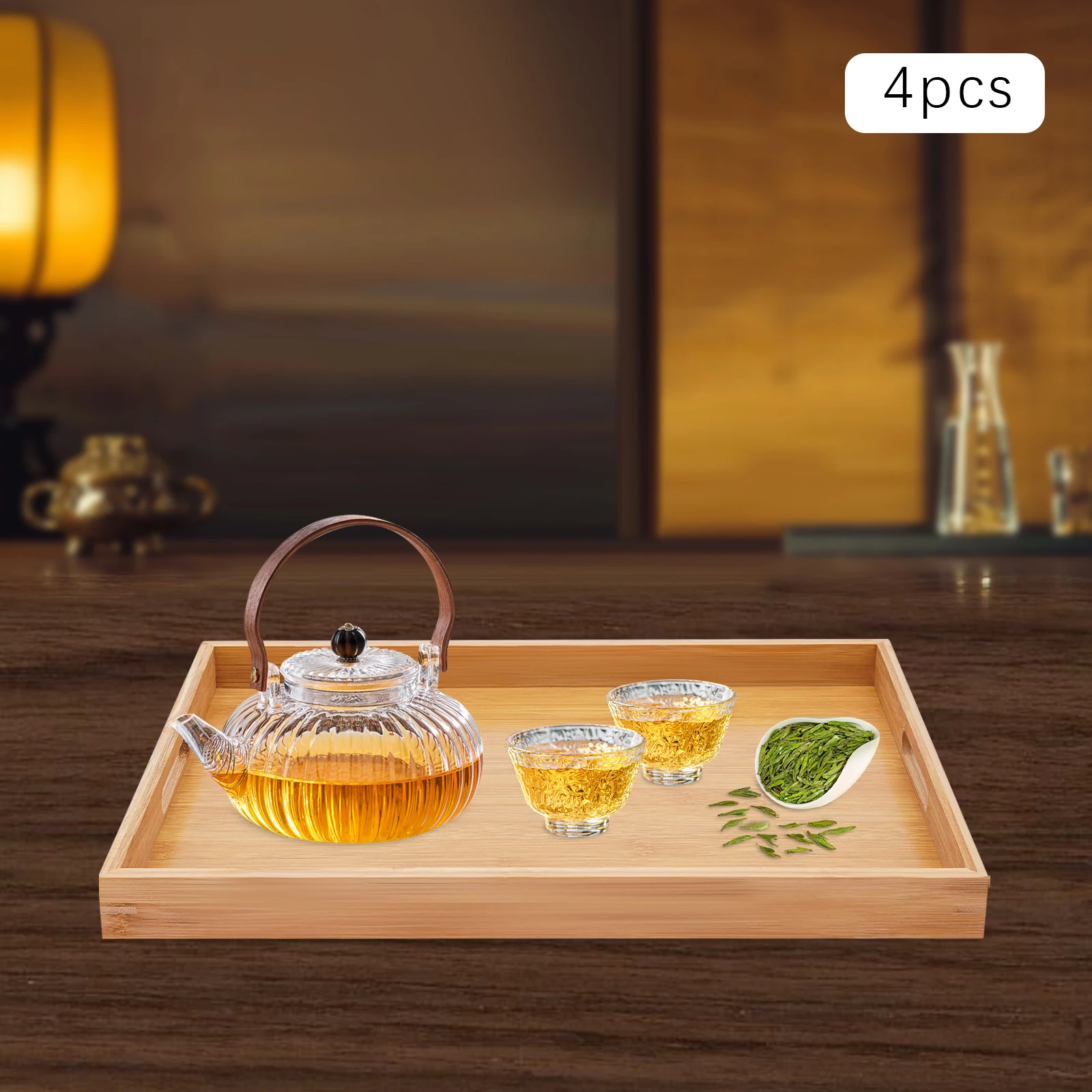 4-Pack Bamboo Serving Trays, Rectangular Wooden Breakfast Bed Trays, Coffee Tea Snack Serving Tray Set - 3-5kg Load Capacity