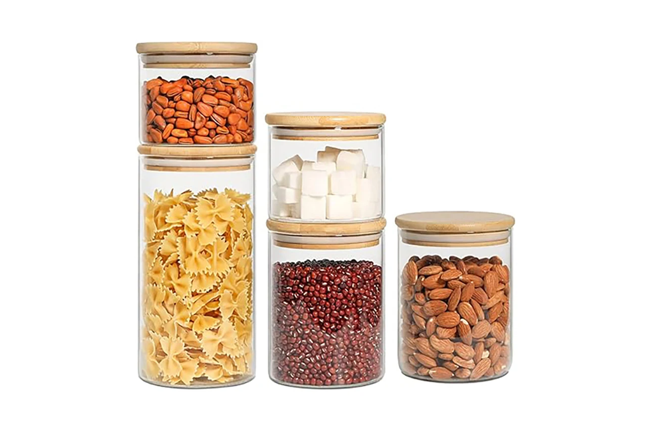 

Food transparent glass storage container with sealed bamboo lid 5-piece set for storing powdered sugar cereal pasta coffee beans