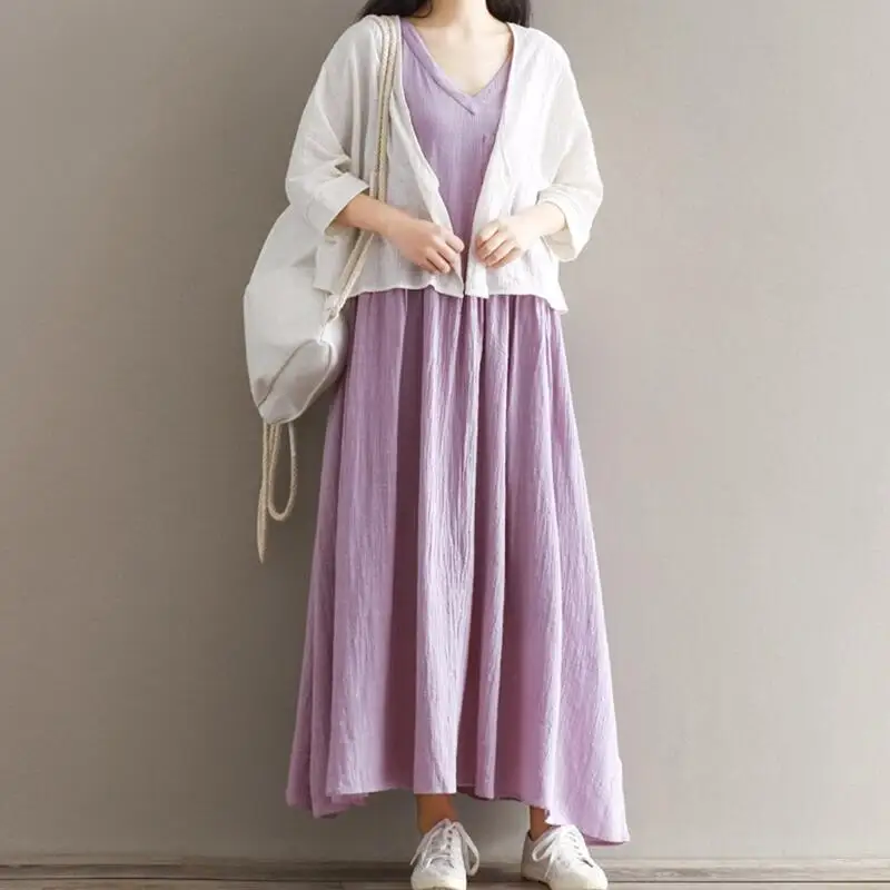 2025 الصيف الخريف طويل ماكسي القطن فساتين كتان الخامس الرقبة سترة فستان فضفاض Vestidos حجم كبير المرأة فستان أنيق عتيق غير رسمي