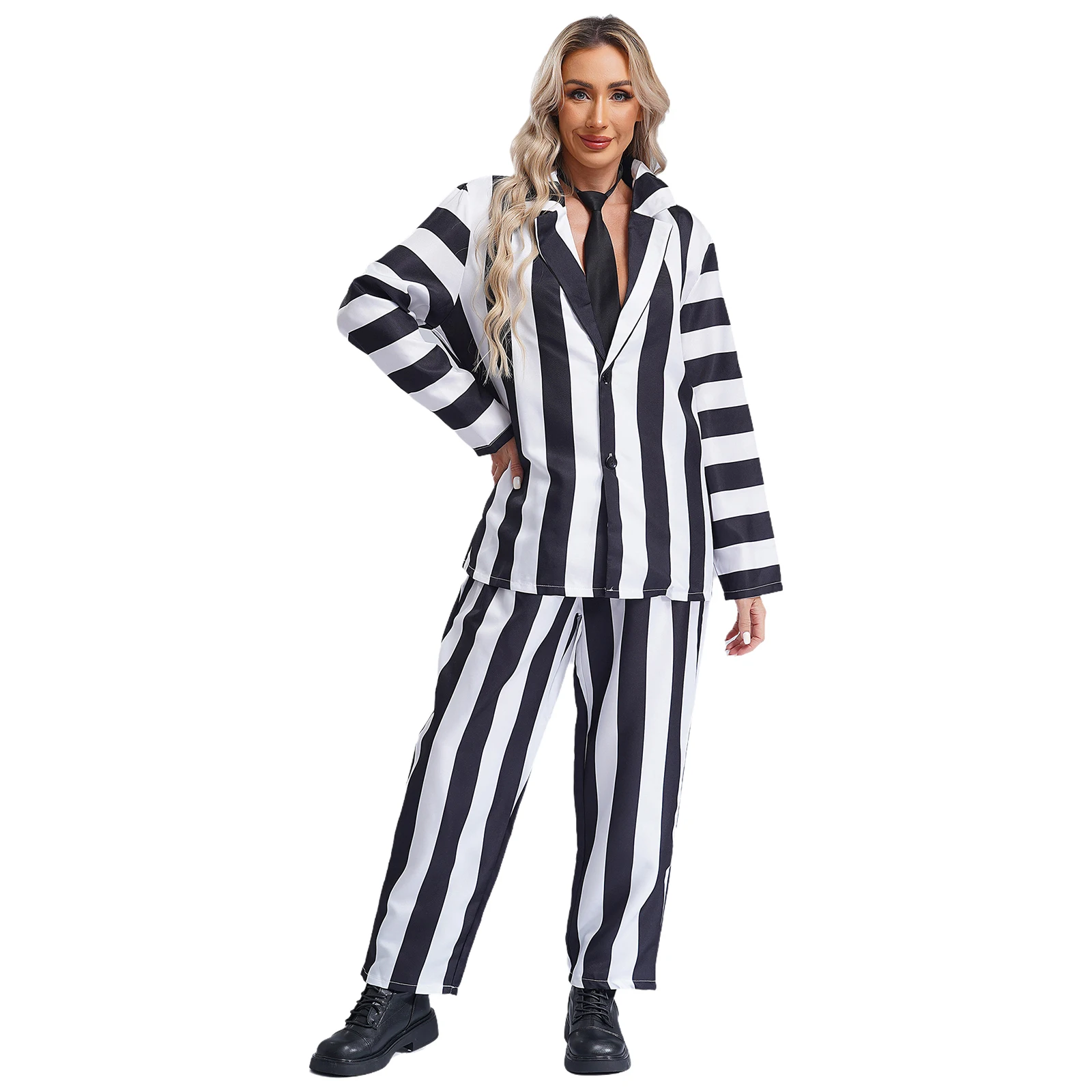 Womens Adult Spooky Movie Infernal Master Cosplay Costumes Long Sleeve Striped Blazer Necktie And Long Pants Horror 3-piece Suit