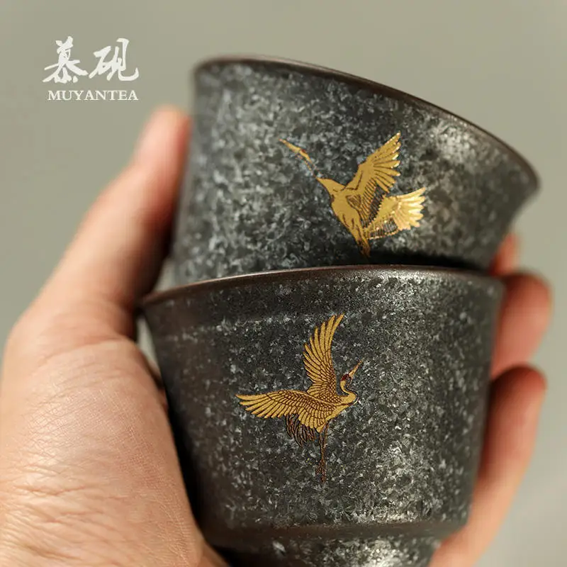 Mu Yan Hand-Painted Golden Crane Kiln-Fired Tenmoku Ceramic Kung Fu Set, Host Cup, Gift Tea Cup Set