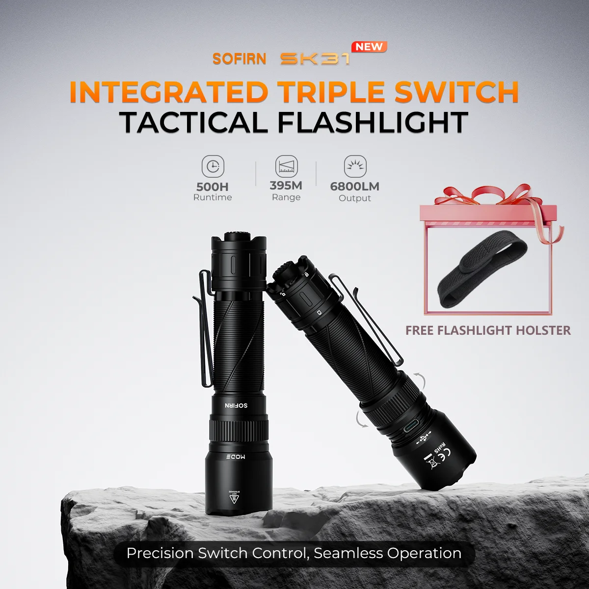 SOFIRN SK31 Rechargeable Tactical Flashlight 6800 Lumens USB-C Triple Switch 395m IPX8 Waterproof LED Torch Camping Outdoor Hunt