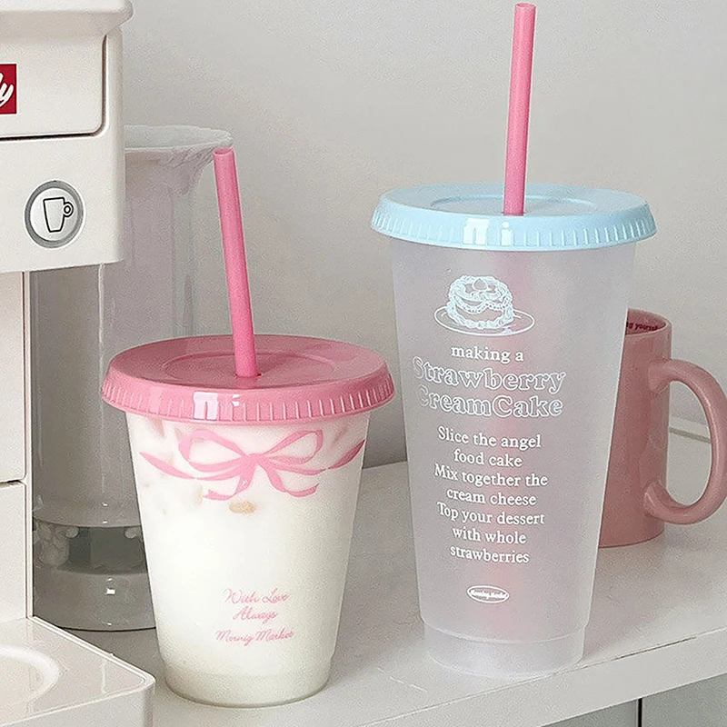 Kawaii Water Cup With Lid Straw For Coffee Juice Milk Tea Cute Plastic Water Bottle Portable Reusable Drinking Bottles BPA Free