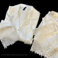Female Pajamas Set White Satin Lace Trim Bride Wedding Sleepwear Gift Homewear Sexy Loose Long Sleeve Trouser Suit Loungewear